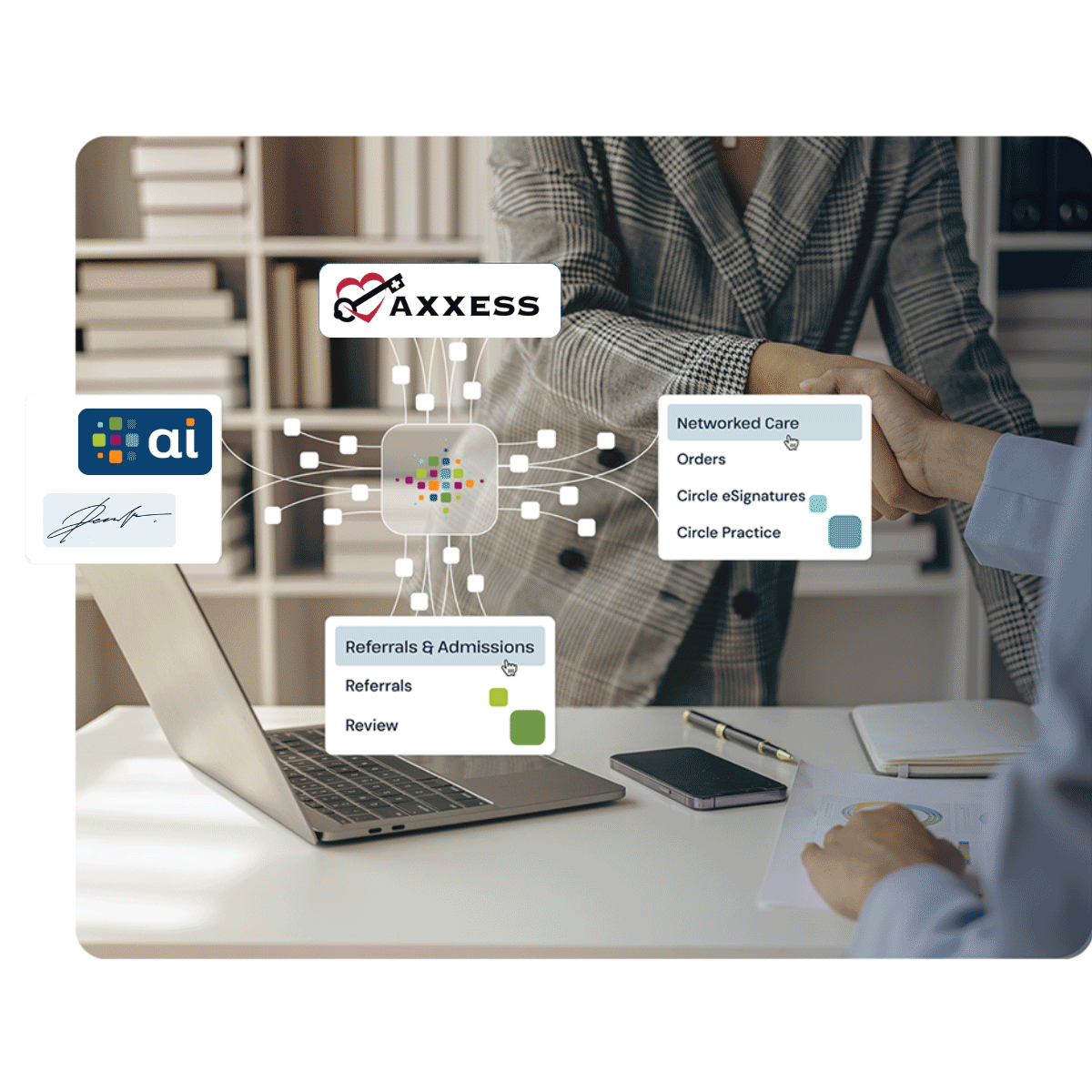 Two people shaking hands over a desk with Mosai integration graphic.