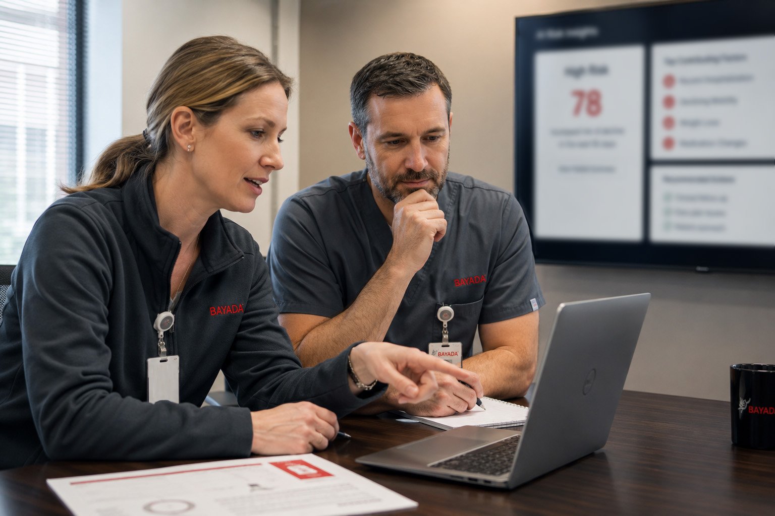 Clinicians collaborating over computer and documents.