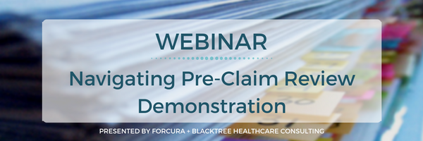 Stack of files and paperwork in background with white opaque box with "Webinar: Navigating Pre-Claim Review Demonstration" on it.