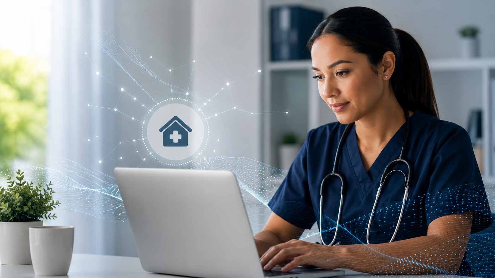 Female nurse looking at computer.