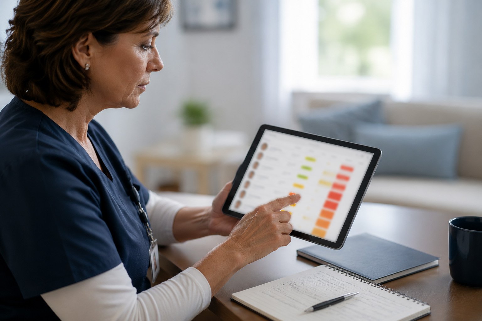 Female nurse pointing to a tablet.