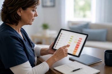 Female nurse pointing to tablet.