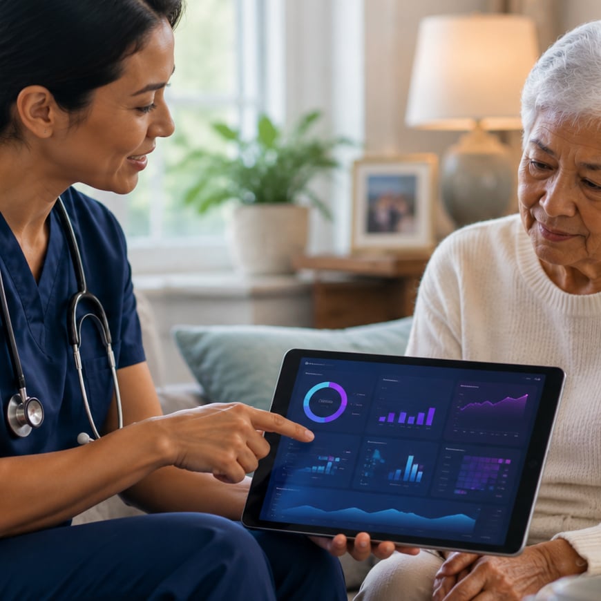 Nurse sitting with elderly woman reviewing a tablet.