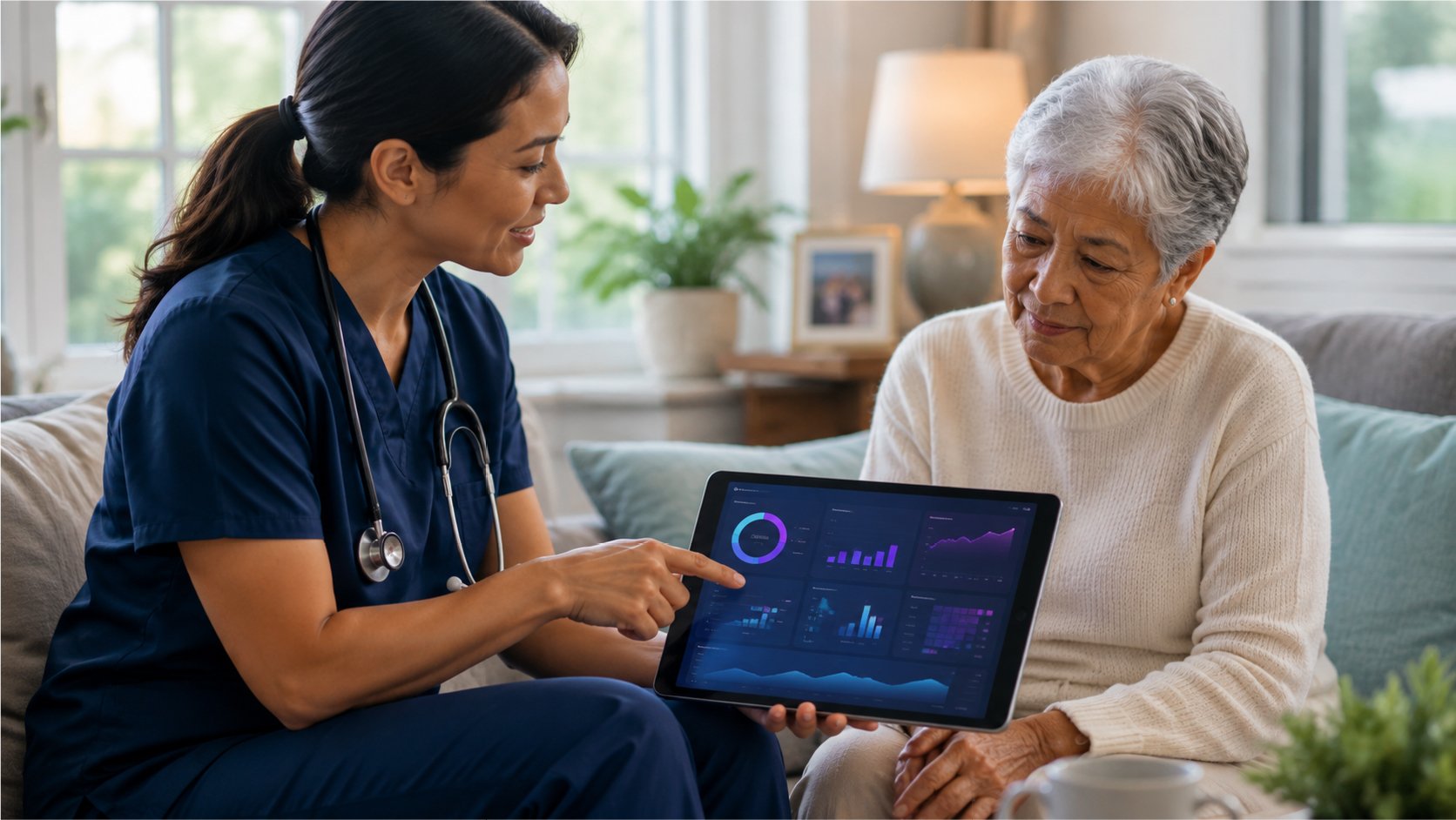 Nurse sitting with elderly woman reviewing a tablet.