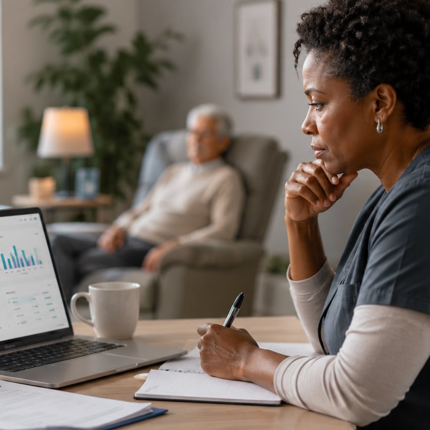 Nurse sitting at desk studying analytics dashboard.