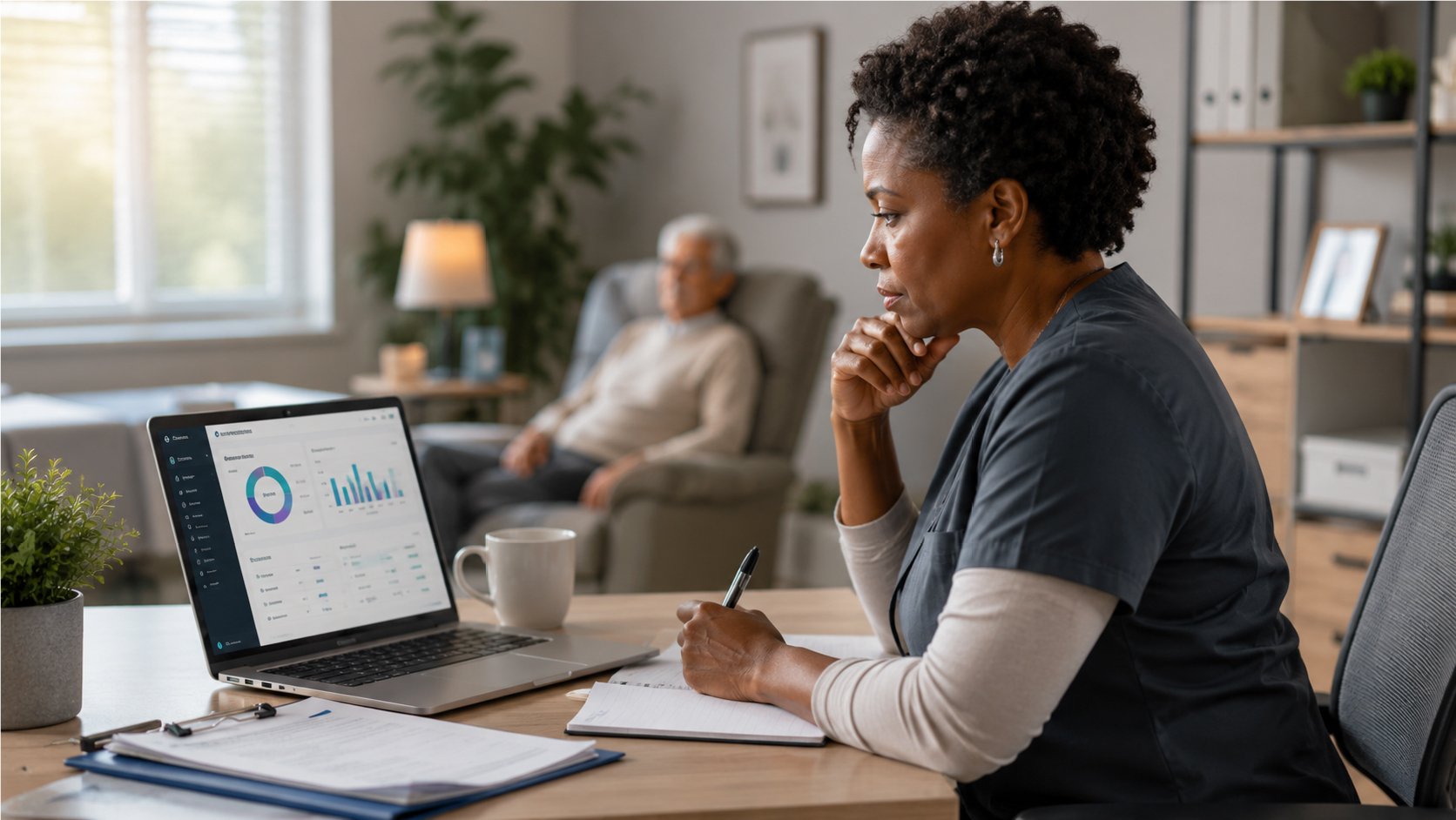 Nurse sitting at desk studying analytics dashboard.