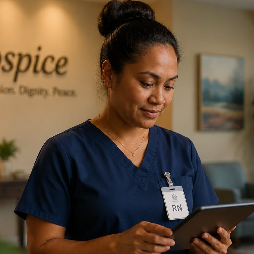 Hospice nurse looking down at tablet.
