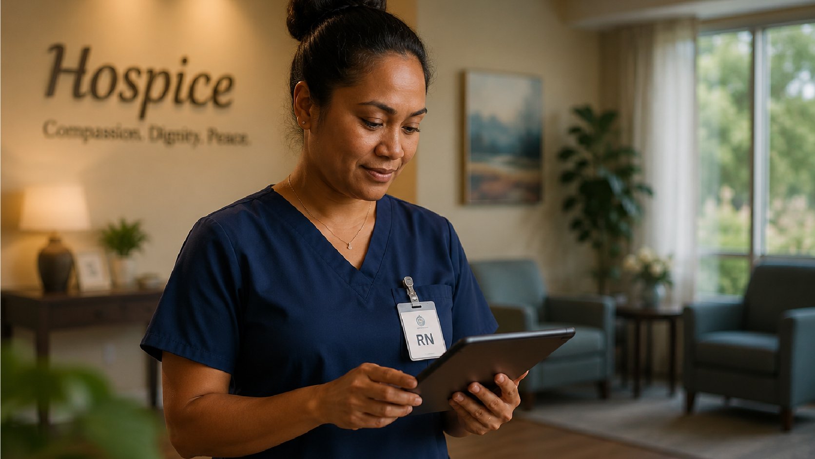 Hospice nurse looking down at tablet.