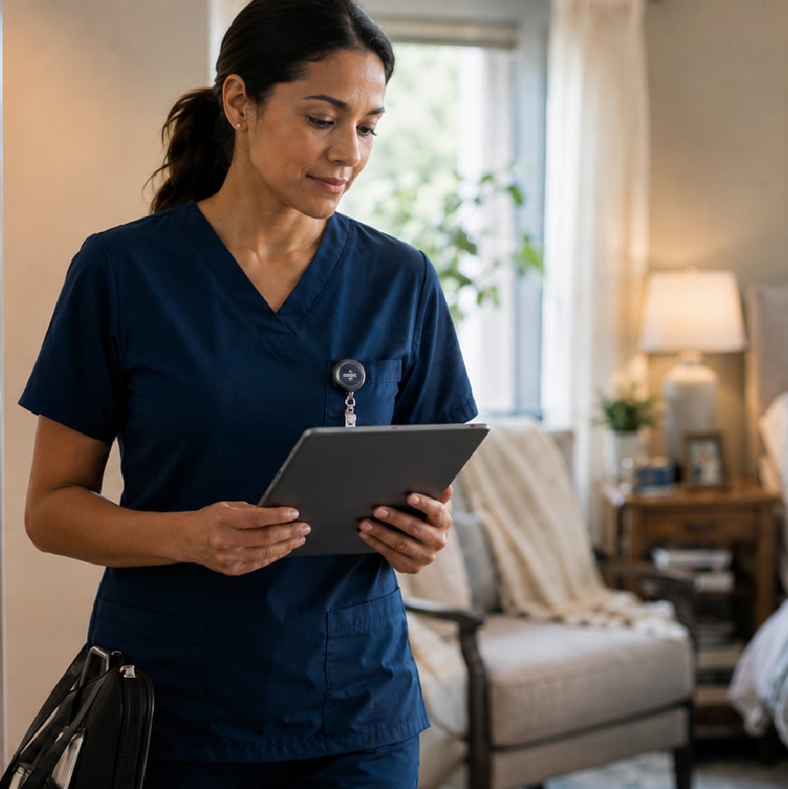 Home health nurse studying tablet in elderly patients room.