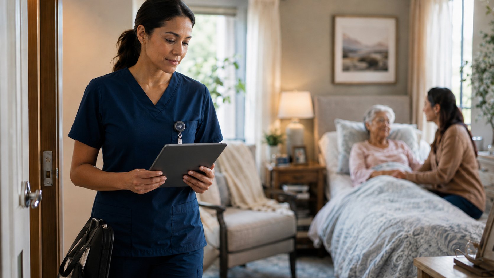 Home health nurse studying tablet in elderly patients room.