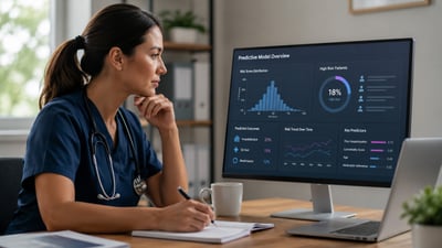 Female nurse looking at dashboard and taking notes.