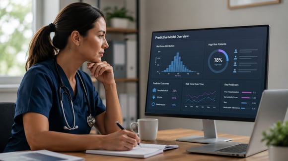 Female nurse looking at dashboard and taking notes.