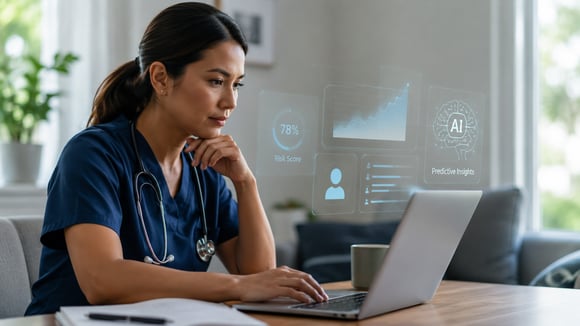 Female nurse looking at dashboard analytics.