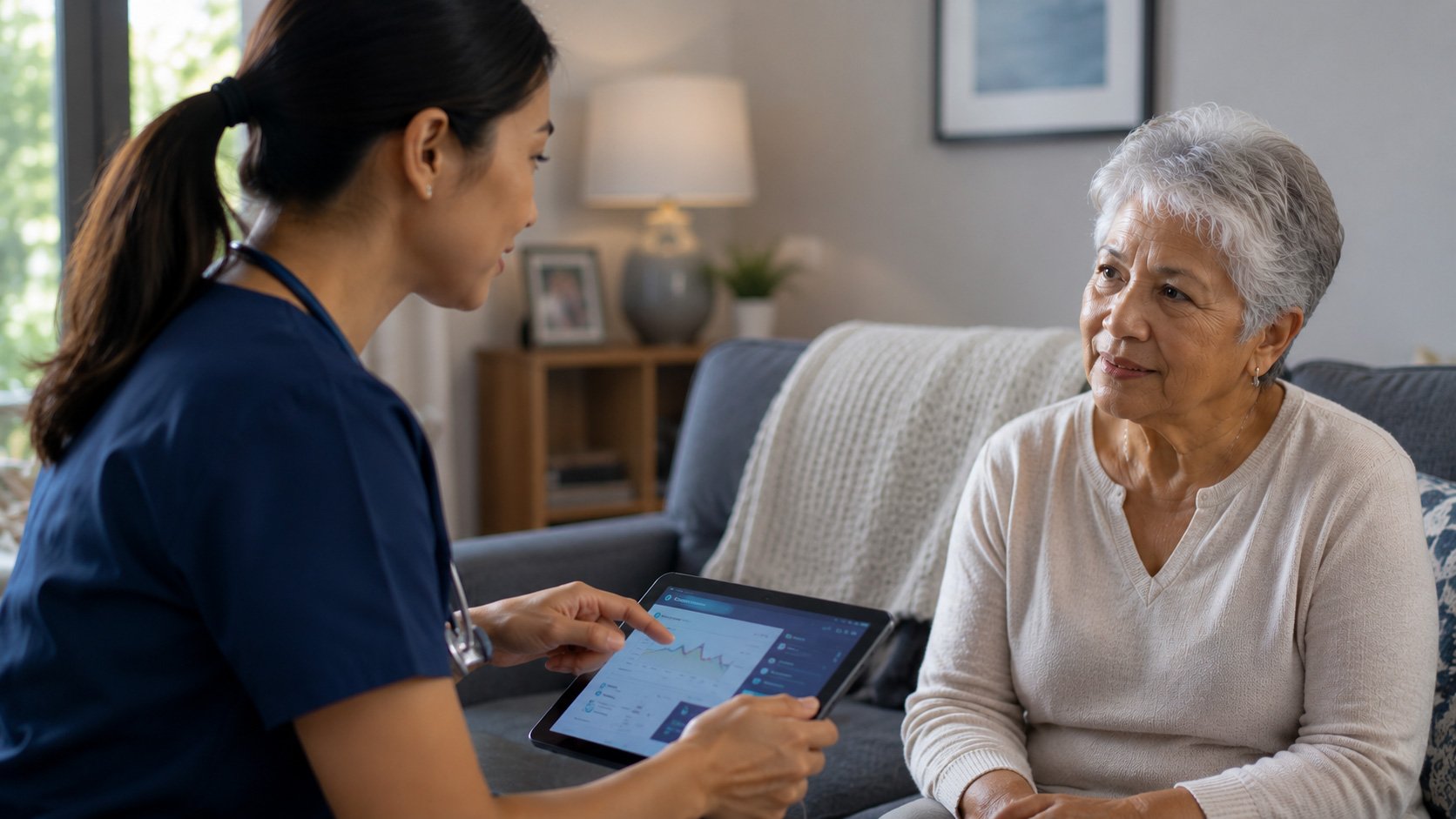 Female nurse reviewing tablet information with elderly woman.