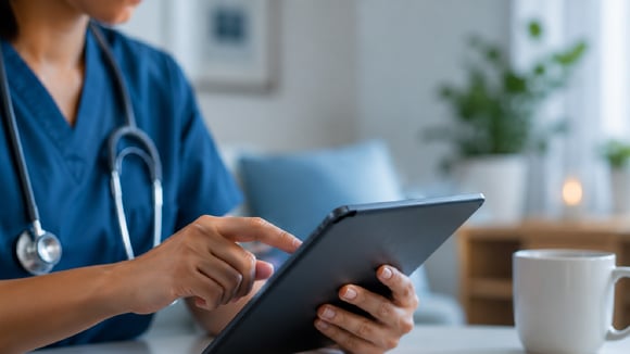 Close up of nurse tapping on tablet.