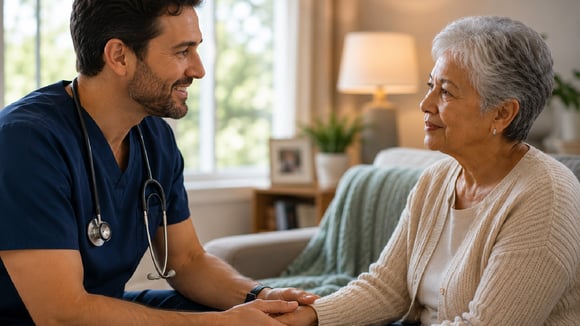 Male nurse speaking to elderly patient.