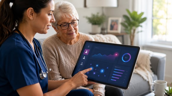 Female nursing showing elderly woman analytics on tablet.