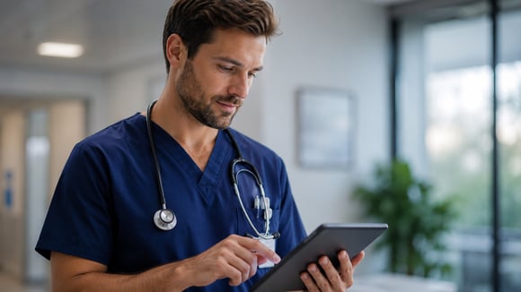 Male nurse clicking on tablet.
