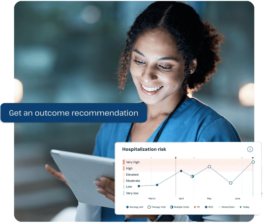 Woman looking down at tablet with UI composites of Mosai Pulse floating around her.