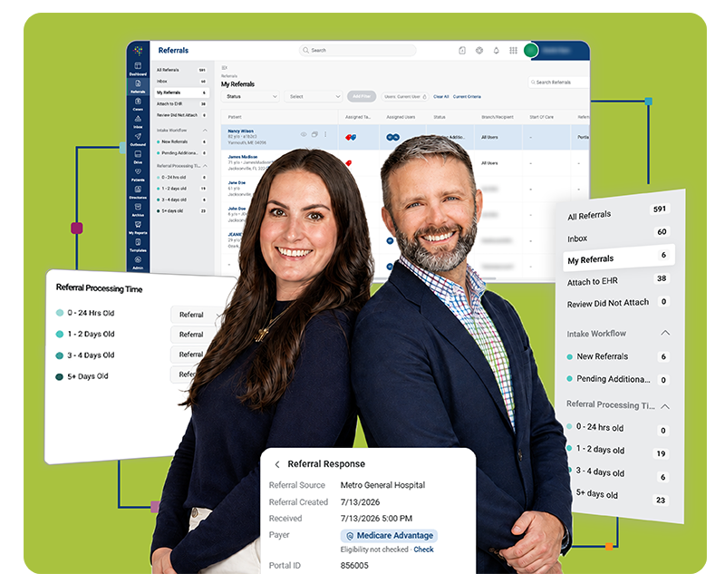 Mosai employees posed in front of Mosai Referrals UI components.