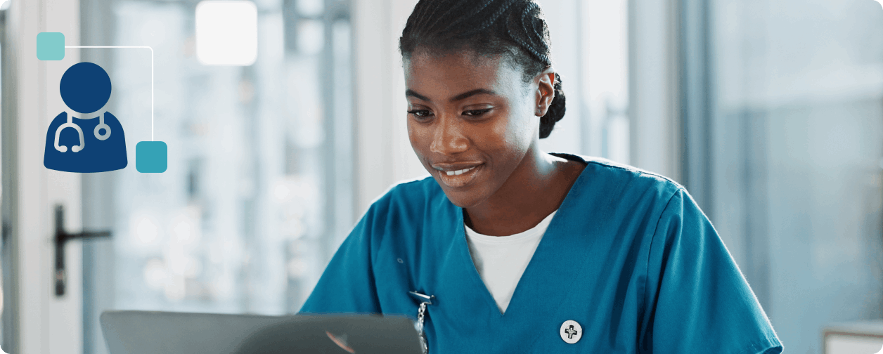 Nurse using laptop and physician icon