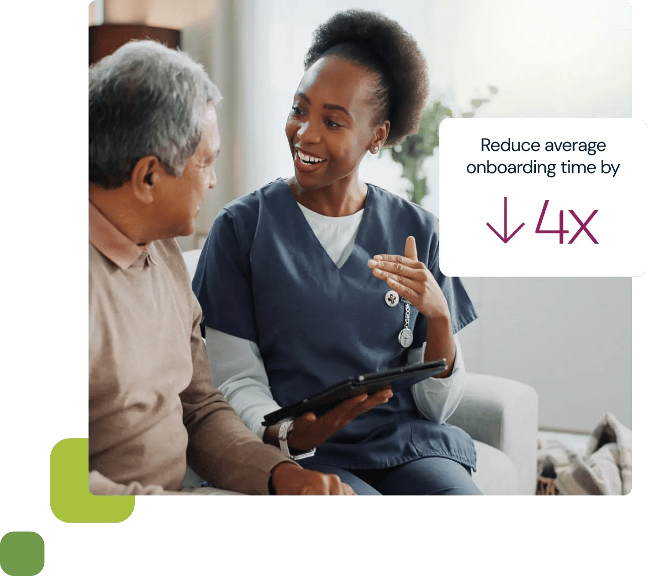 Nurse talking to elderly man with reduce onboading time by 4x graphic